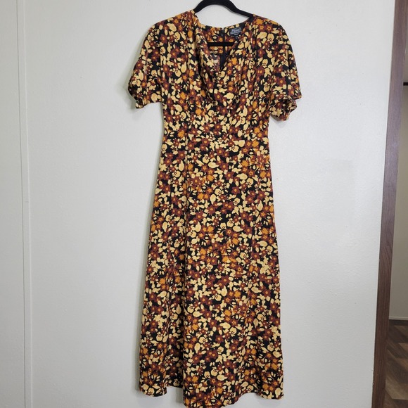 Abbott Elementary Floral‎ Midi Dress Cowl Neck Short Sleeve XS Brown Yellow - Picture 1 of 10